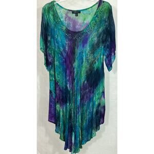 Greater Good Tie-Dye Asymmetrical Hem Top Free Size Plus Rayon Beaded Neck